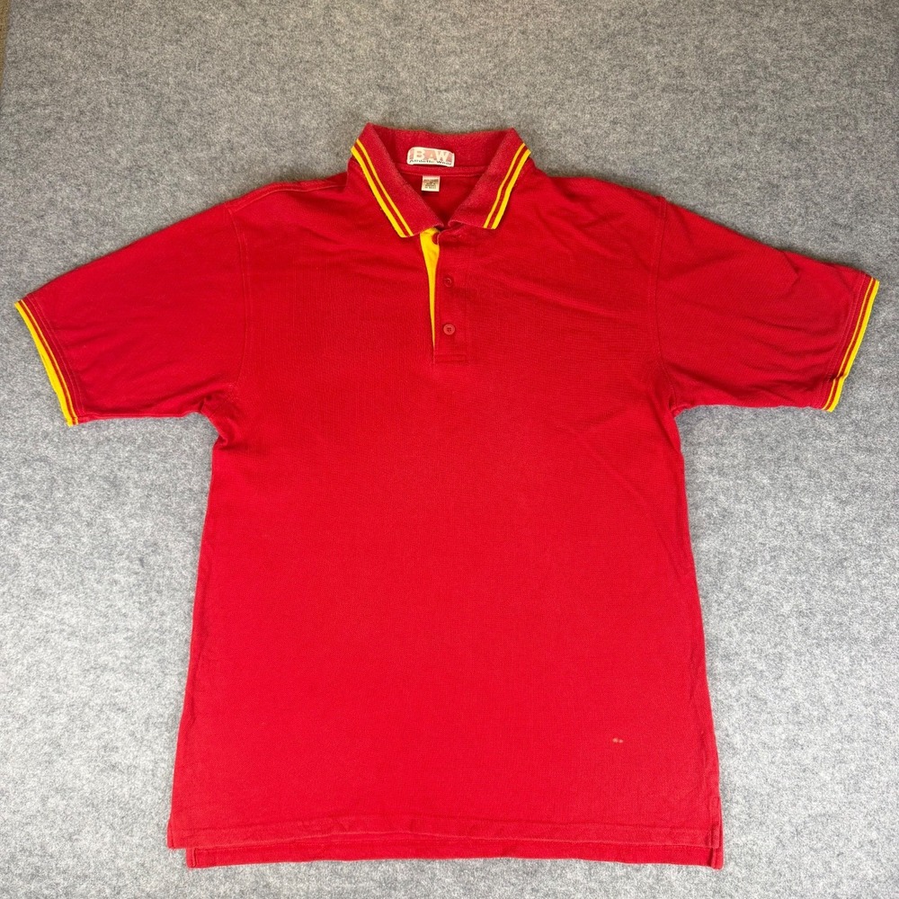 BAW Athletic Wear Polo Shirt Mens Medium M Red Yellow Trim Cotton Golf Short